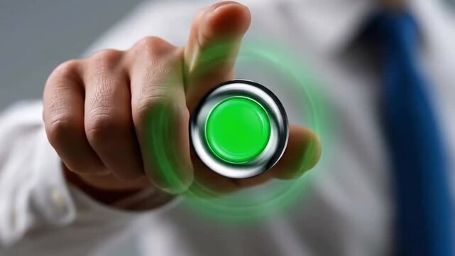Hand touching a digital glowing green button, triggering a holographic circular wave animation for a futuristic interface or concept.
