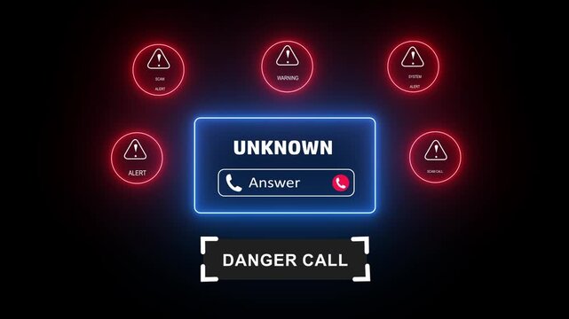 Cybersecurity danger call interface featuring glowing red warning and digital unknown caller notification for high-tech threat detection, data privacy protection, and malicious phishing attack