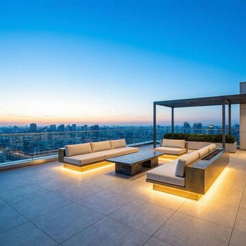 Luxury rooftop terrace with modern sofa lounge at sunset, beautiful serene city view and clean blue sky background with copy space for real estate or premium lifestyle.