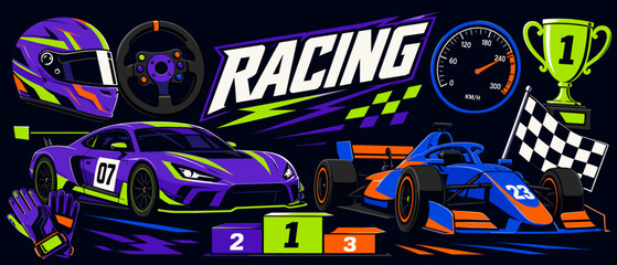 Obraz premium Dynamic racing scene with sports cars, trophy, and checkered flag elements