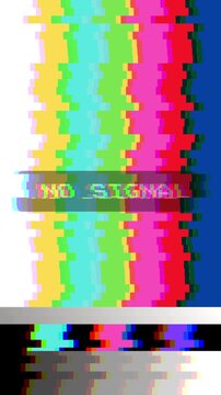 Digital television screen displaying a 'No Signal' error with vibrant color bars and modern glitch effects, representing technical difficulties or broadcast interruptions