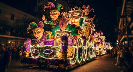 Fototapeta premium Elaborate mardi gras carnival float with jester figures and masks at night