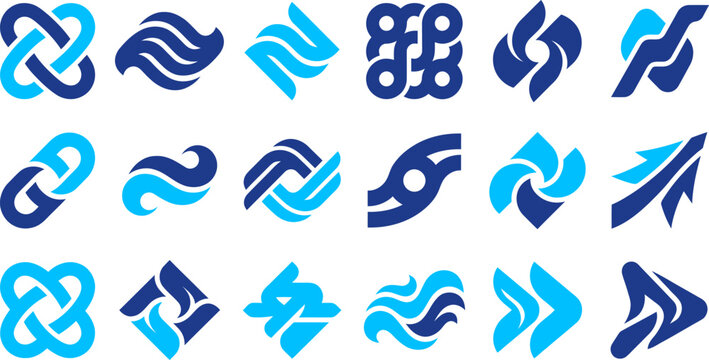 Set of abstract blue and dark blue geometric and organic shapes logos for technology and business.