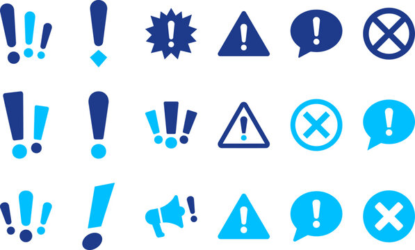 Collection of blue and dark blue warning signs exclamation marks and crosses symbols.