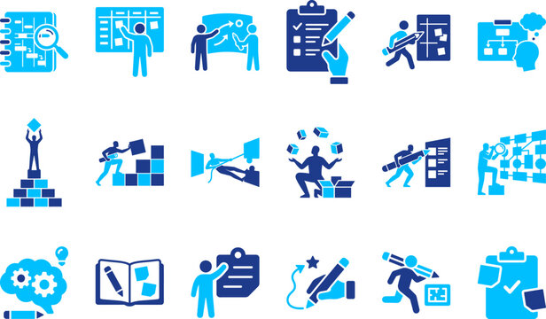 Set of business icons representing planning workflow collaboration and strategy analysis on white background.