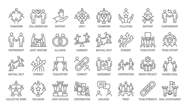 Conceptual icons of teamwork collaboration and partnership in minimalist style
