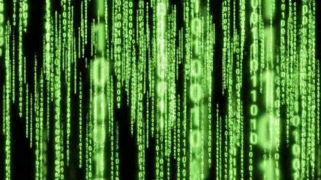 Futuristic Green Binary Code Cascading in Digital Data Sequence