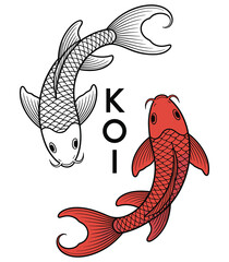 Two Koi Fish Illustration With Japanese Characters Red And Black © MDHASAN