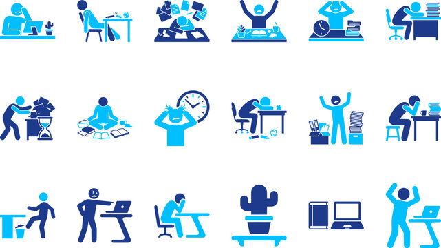 Icons depicting stressed people working at desks, showing frustration and overwhelm.