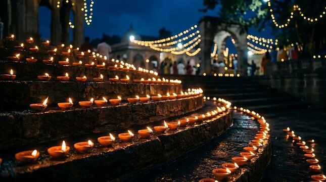 Illuminated diwali lamp display on stone steps with festive lighting