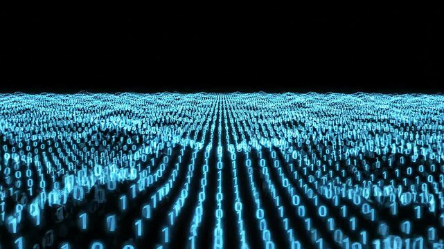 Futuristic digital data stream with blue glowing binary code flowing across an abstract black background symbolizing computing and artificial intelligence
