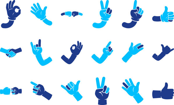 Hand gestures for communication like okay, peace, thumbs up, and pointing.