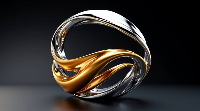 Abstract 3D Render of Intertwined Gold and Silver Chrome Ribbons Forming Sphere Shape on Dark Black Background, Luxury Metallic Swirl Design for Premium Business and Technology Concept