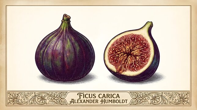 Vintage botanical illustration of ficus carica showing a whole fig fruit and cross section