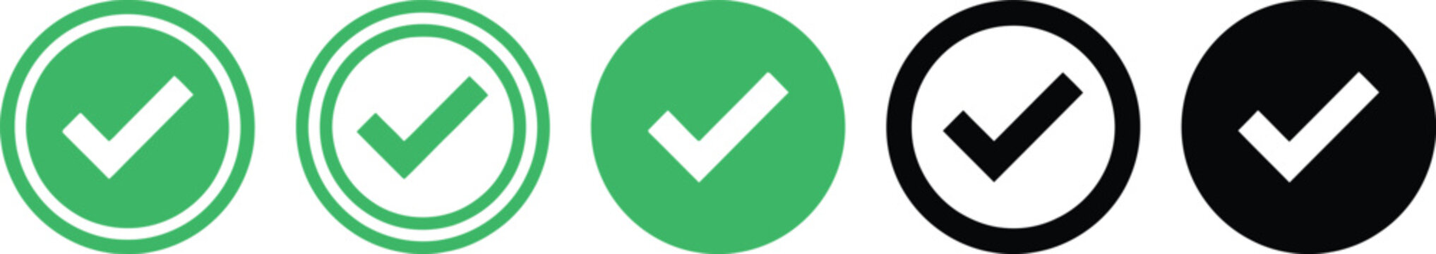 Set of green and black check mark icons in round badges for task completion status with validation approval interface complete checkbox isolated collection verified accepted