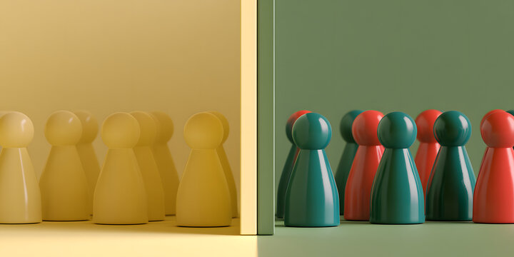 separate barrier between two differently colored 3D toy figures, social divide