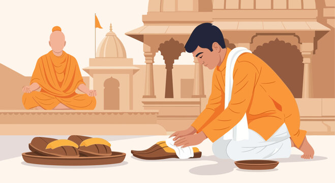 Guru purnima celebration with disciple cleaning guru paduka at temple