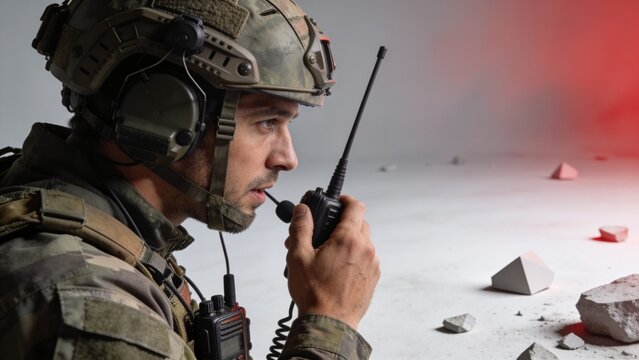 Special Forces Soldier Using a Tactical Radio Amidst Ruins of a War Zone