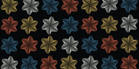 Fototapeta premium Abstract Geometric Floral Line Art Seamless Pattern on Black Background