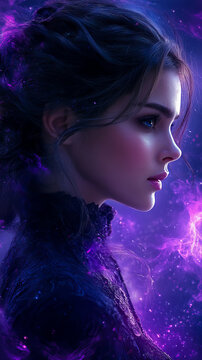 Enigmatic Portrait of Beautiful Young Woman Surrounded by Glowing Magical Purple Cosmic Energy Particles and Ethereal Mist in Dreamy Dark Fantasy Style Digital Illustration