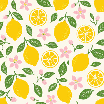 Vibrant seamless pattern of yellow lemons with pink blossoms and green leaves