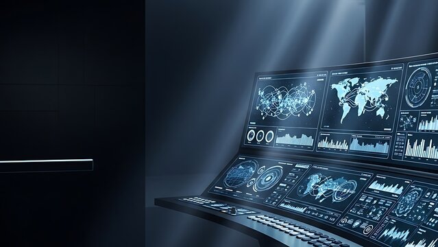 Futuristic control room with multiple digital displays and world map