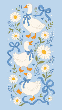 Charming illustration of three white geese adorned with blue bows and daisies