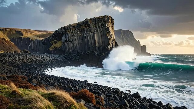 Dramatic basalt cliffs rise above a turbulent dark ocean shore