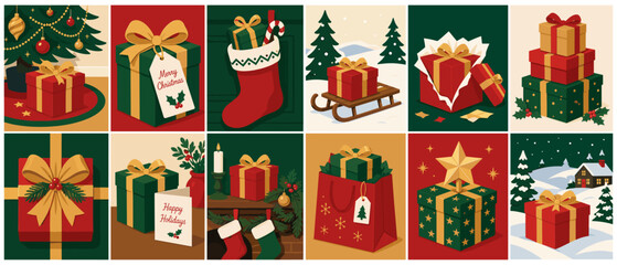 Fototapeta premium Festive Christmas gift boxes and holiday scenes in a vibrant collage