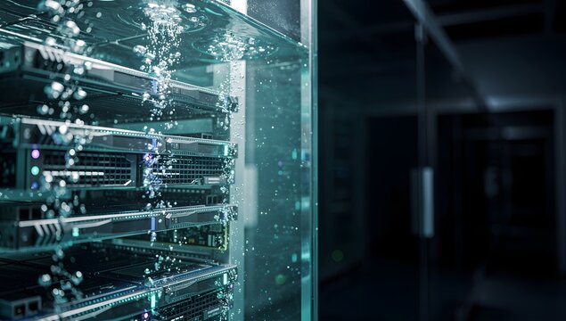 Servers submerged in liquid immersion cooling tank with bubbles, energy efficient data center