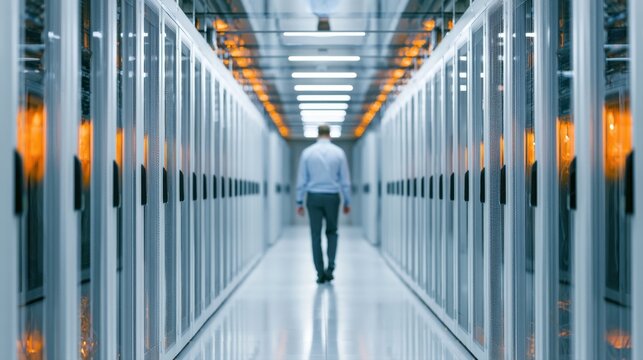 Professional IT specialist engineer technician walking down a long bright corridor aisle of network server racks and data storage cabinets in a modern high security corporate hosting data center.