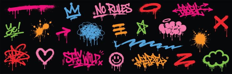 Set of colorful graffiti elements, spray paint drips, tags, symbols, and shapes on black background © Zbrake Studio