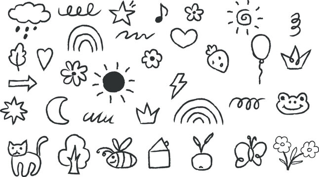 Hand drawn doodle set featuring various cute icons like flowers hearts stars suns rainbows animals and shapes created with a simple black marker style on a clean solid white background
