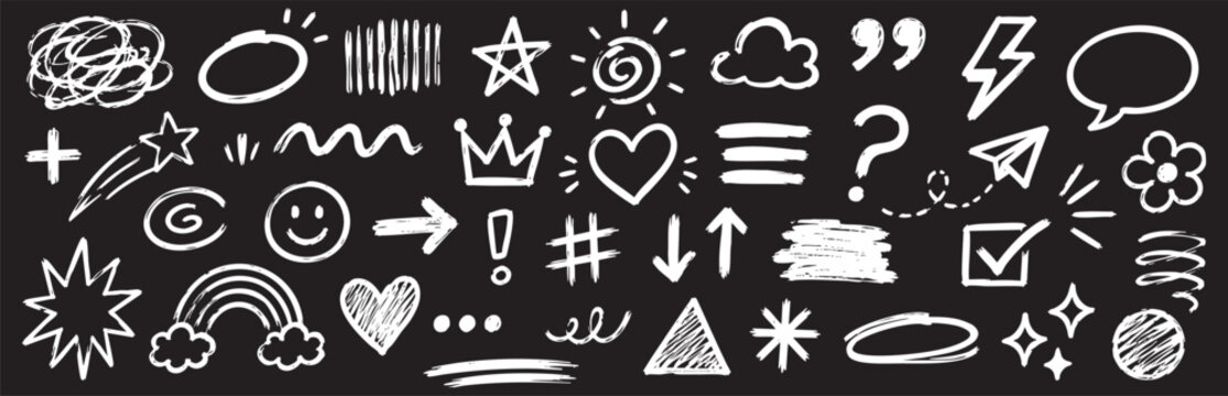 Set of handdrawn doodle elements, chalk style sketches on black background