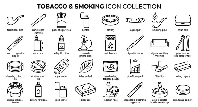 Collection of tobacco and smoking accessories icons for design