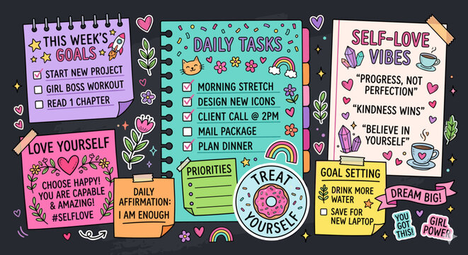 Cute planner stickers for daily tasks, goals, and self-love affirmations
