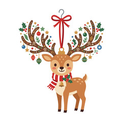 Naklejka premium Cute Christmas reindeer with ornaments and scarf