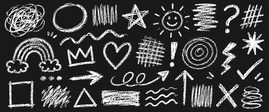 Set of handdrawn chalk doodles on a black background