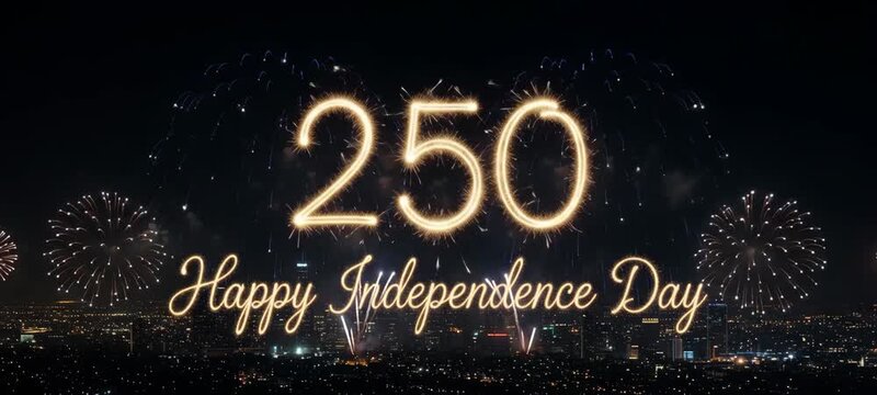 America 250 year celebration night city skyline firework golden number sparkler text happy. 4th july independence anniversary. us united flag, freedom liberty democracy, patriotic patriotism spirit