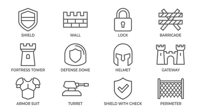 Set of line art icons illustrating protective structures and objects