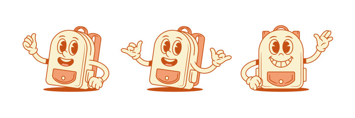 Funny comic schoolbag back to school cartoon character set isometric vector illustration. Smiling backpack bag pupil education minimalist mascot cool greeting hi hello welcome rock thumb up gesture © provectors