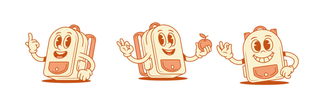 Funny schoolbag back to school cartoon character set isometric vector illustration. Cheerful smiling backpack bag pupil studying minimalist mascot idea attention okay gesture with healthy apple