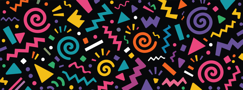 Retro 1990s style seamless pattern featuring colorful geometric shapes, zigzags, spirals, and confetti on a black background for party or fun designs.