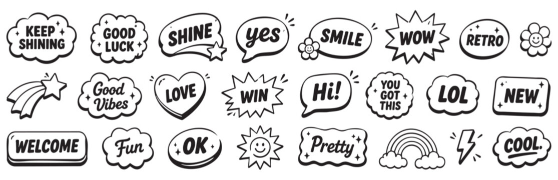 Set of hand drawn doodle speech bubbles with positive words isolated on white background