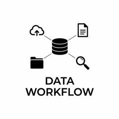 Data workflow icon featuring cloud upload document database folder and magnifying glass symbols on a white background management information © Mahir