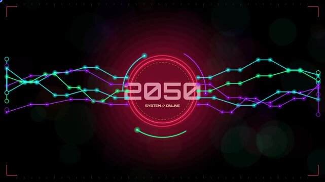 Futuristic 2050 system online hud interface with glowing data network lines animation