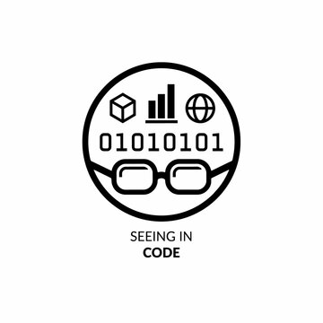 Circular graphic with geometric shapes binary code and eyeglasses in a black line style code digital data shapes circle