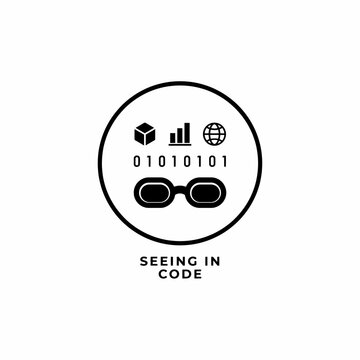Circular graphic with binary code geometric shapes and eyeglasses in a black silhouette style code digital data shapes cube