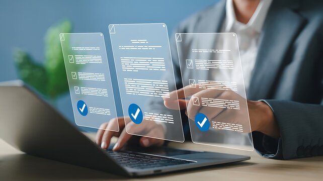 Professional navigating multiple digital forms and virtual checklists on a laptop, showcasing efficient online data entry, survey completion, and business process management