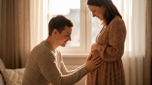 Loving husband touching his pregnant wife's belly in a cozy bedroom filled with warm golden sunlight, showcasing tender family intimacy and expectations for healthcare and lifestyle concepts.